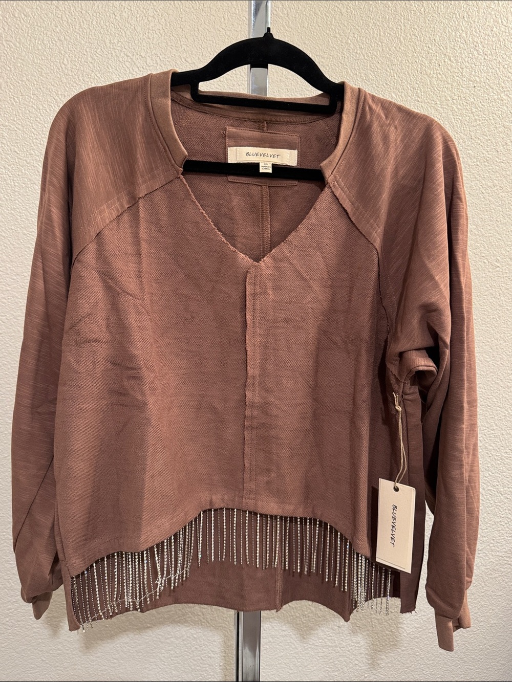 Blue velvet  Fringe V-Neck Long Sleeve Top